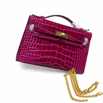 Kelly Pochette Fuchsia Shiny Niloticus Crocodile Leather Gold Hardware Women Clutch Bag