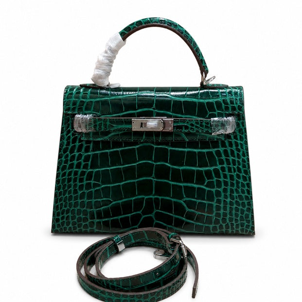 Kelly Sellier 22cm Vert Emeraude Shiny Crocodile Leather Gold Hardware & Palladium Hardware Women Handbag
