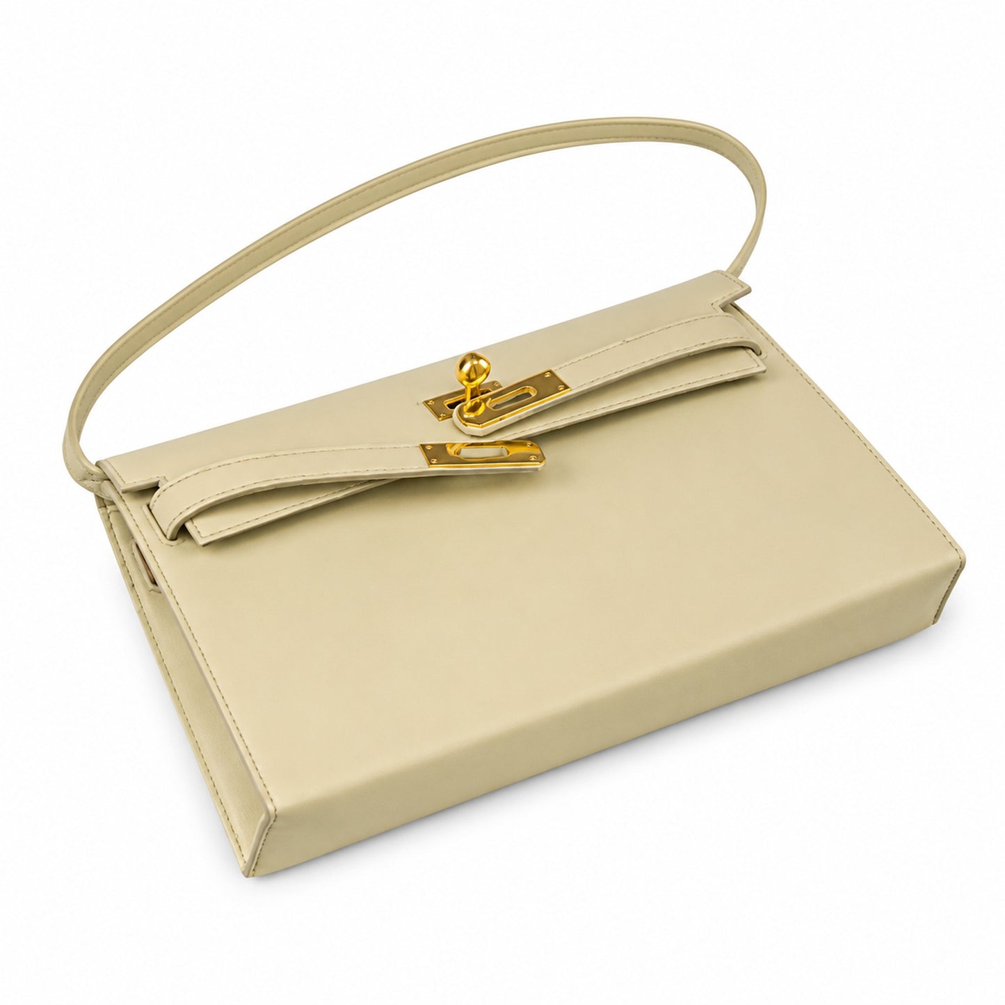 Kelly Elan 25 Underarm Baguette Bag, Genuine Top Layer Cowhide with Goat Grain, Gold Hardware Minimalist Off White Shoulder Handbag, Size 25×6.5×15cm Elegant Soft Tone Daily Purse for Women