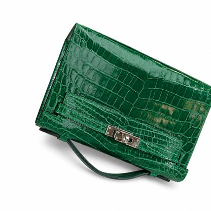 Kelly Pochette Vert Emeraude Shiny Niloticus Crocodile Leather Palladium Hardware Women Clutch Bag