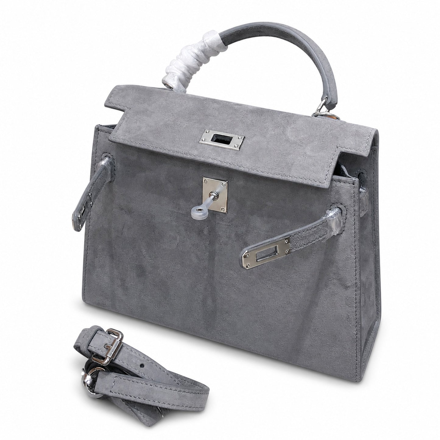Kelly Sellier 22cm Gris Asphalte Suede Leather Palladium Hardware Women Handbag
