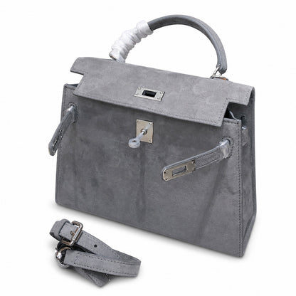 Kelly Sellier 22cm Gris Asphalte Suede Leather Palladium Hardware Women Handbag