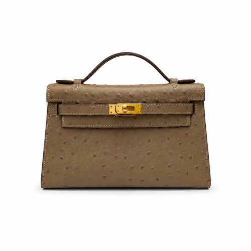 Mini Kelly II Sellier 19cm & 22cm Etoupe Ostrich Leather Gold Hardware Women Mini Handbag