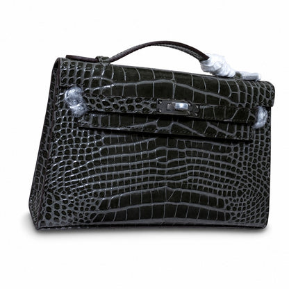 Kelly Pochette Gris Elephant Shiny Niloticus Crocodile Leather Palladium Hardware & Palladium Hardware Women Clutch Bag