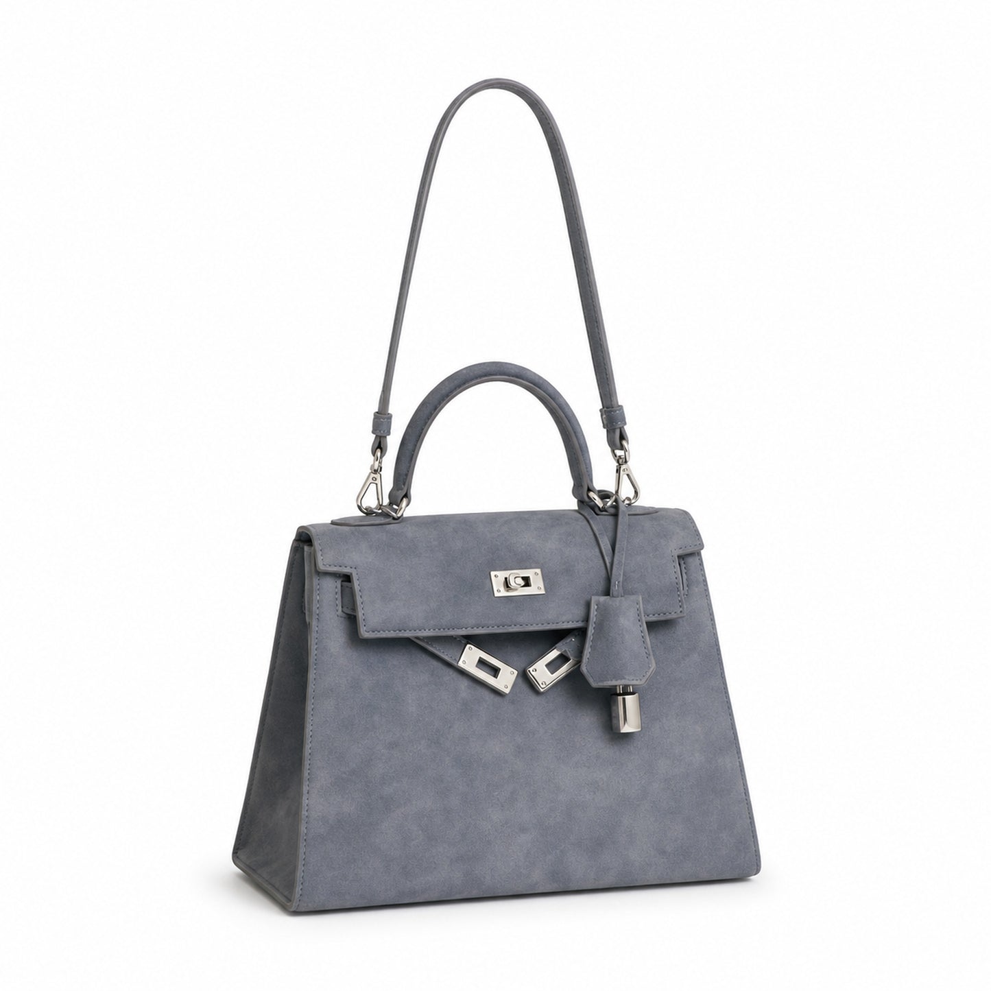 Kelly Sellier 22cm Gris Asphalte Suede Leather Palladium Hardware Women Handbag