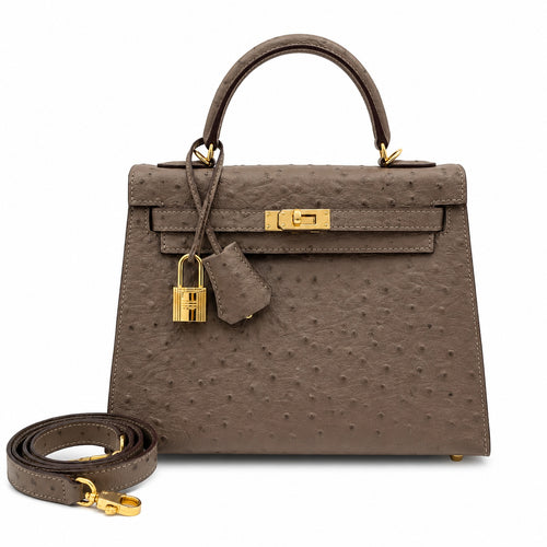 Hermès Kelly Sellier 25 Ostrich Etoupe Gold Hardware