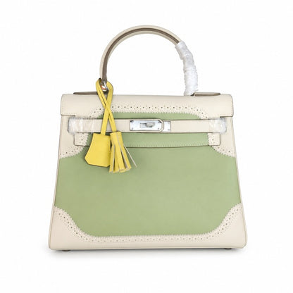 Kelly Sellier Ghillies 28cm Craie & Vert Pomme Barenia Leather Palladium Hardware Women Handbag