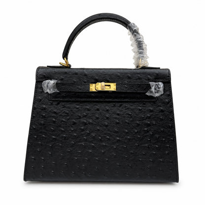 Kelly Sellier 25cm Noir Black Ostrich Gold Hardware Designer Shoulder Tote