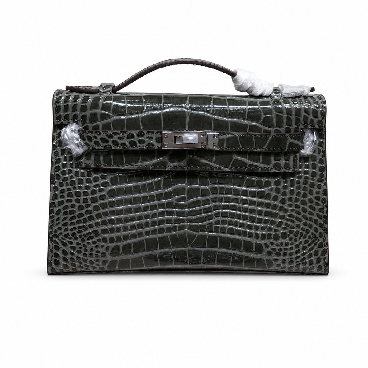 Kelly Pochette Gris Elephant Shiny Niloticus Crocodile Leather Palladium Hardware & Palladium Hardware Women Clutch Bag