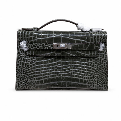 Kelly Pochette Gris Elephant Shiny Niloticus Crocodile Leather Palladium Hardware & Palladium Hardware Women Clutch Bag