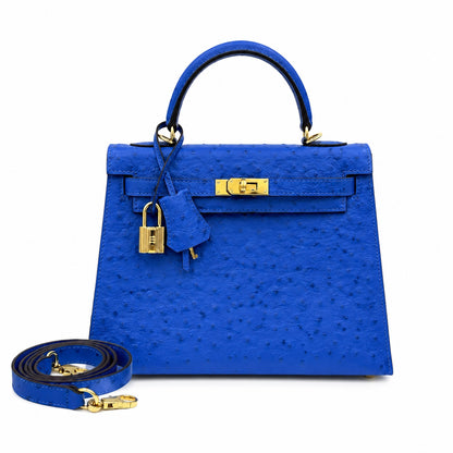 Kelly Sellier 25cm Bleu Electrique Ostrich Gold Hardware Premium Crossbody Purse