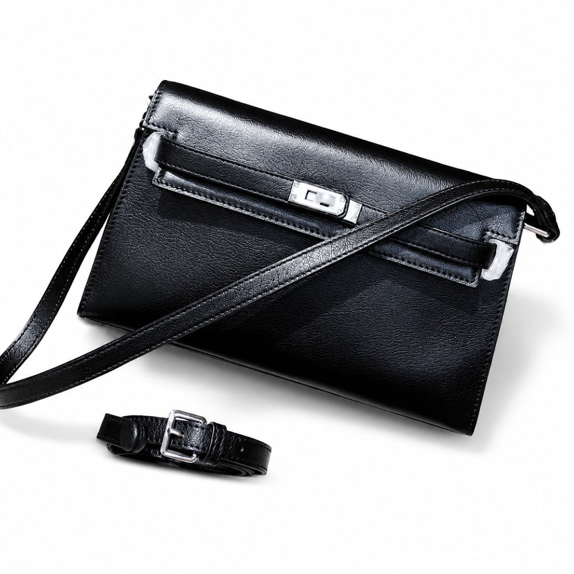 Kelly Elan 25 Underarm Baguette Bag, Genuine Top Layer Cowhide Goat Grain Leather, Silver Hardware Black Unisex Shoulder Purse, Multiway Crossbody Handheld Daily Bag, High Practical Daily Bag Size 25×6.5×15cm