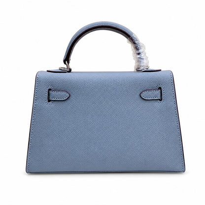 Mini Kelly II Sellier 19cm & 22cm Bleu Lin Epsom Leather Palladium Hardware Women Mini Handbag