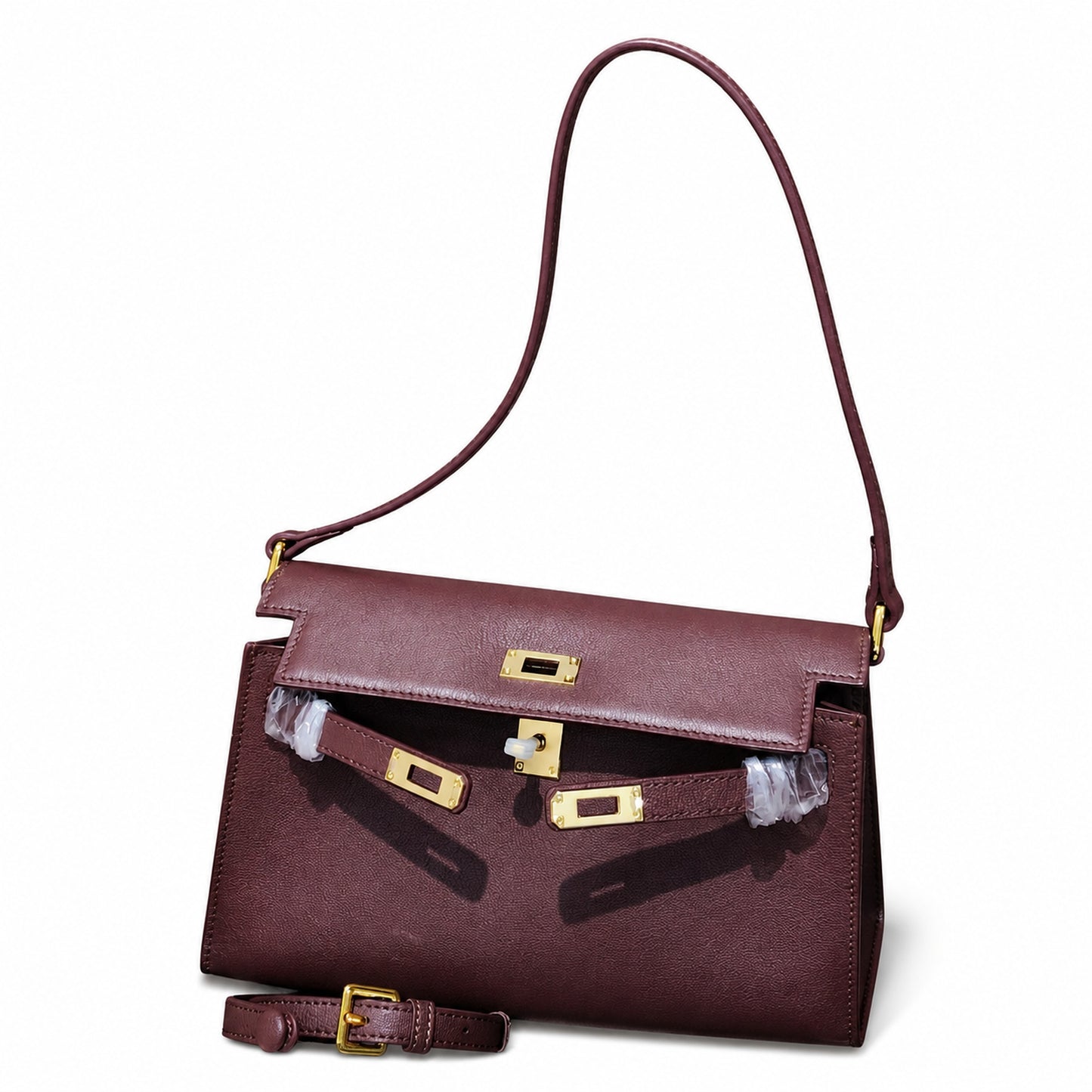 Kelly Elan 25 Underarm Baguette Bag, Genuine Top Layer Cowhide Goat Grain Leather, Gold Hardware Havane Brown Shoulder Purse, Low-key Old Money Vintage Style Daily Handbag Size 25×6.5×15cm