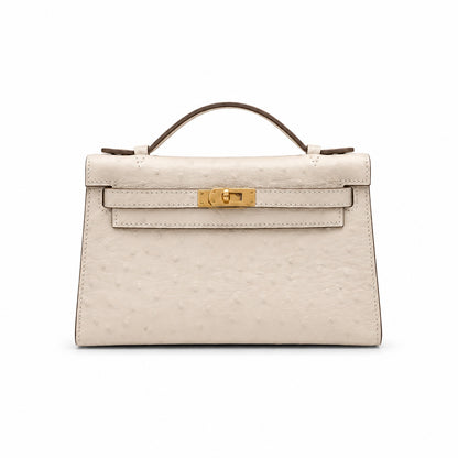 Mini Kelly II Sellier 19cm & 22cm Craie Ostrich Leather Gold Hardware Women Mini Handbag