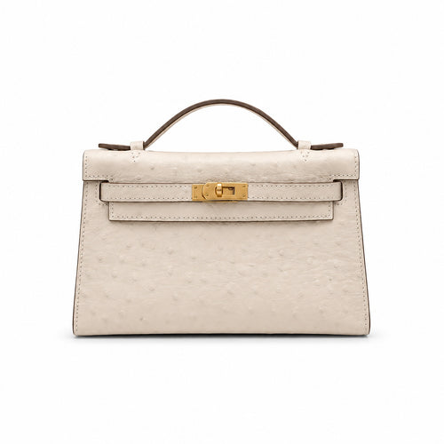 Mini Kelly II Sellier 19cm & 22cm Craie Ostrich Leather Gold Hardware Women Mini Handbag