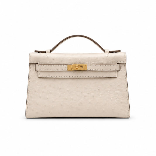 Mini Kelly II Sellier 19cm & 22cm Craie Ostrich Leather Gold Hardware Women Mini Handbag