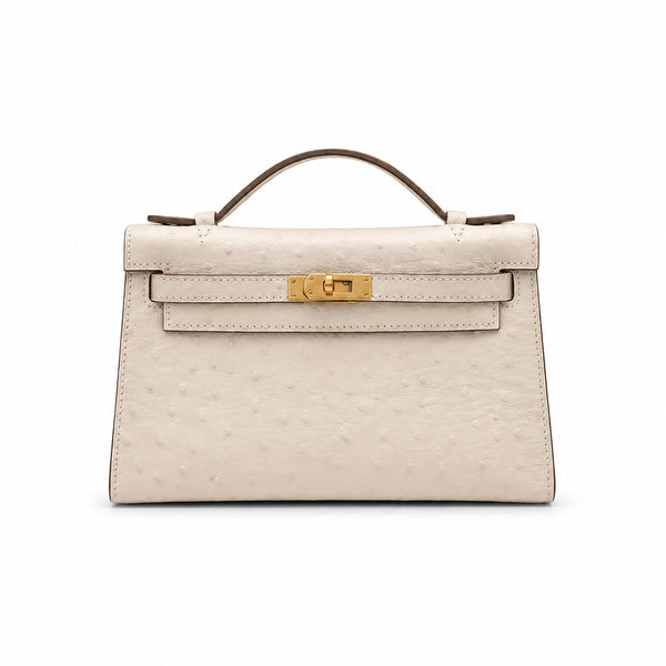 Mini Kelly II Sellier 19cm & 22cm Craie Ostrich Leather Gold Hardware Women Mini Handbag