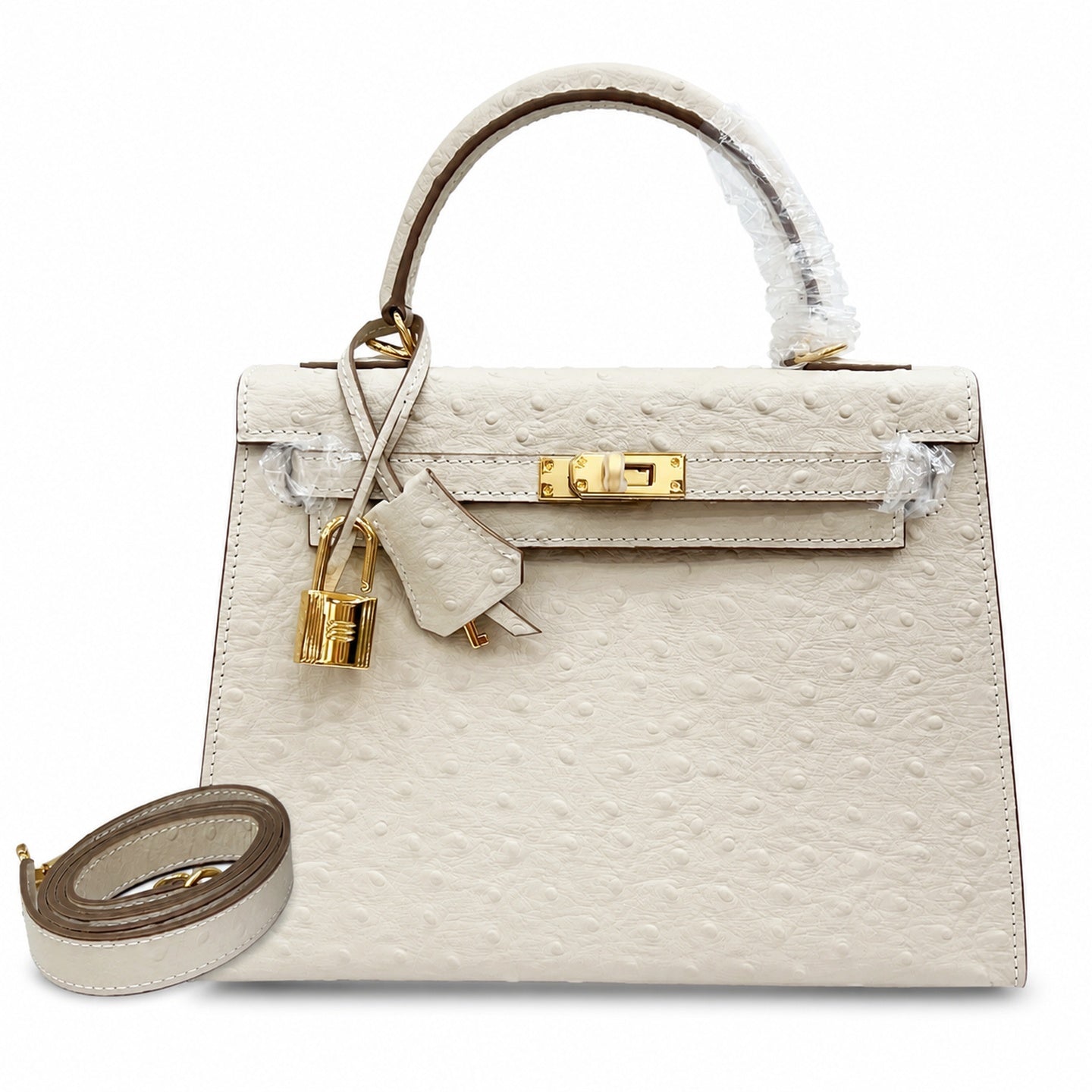 Kelly Sellier 25cm Craie Ostrich Gold Hardware Premium Women Shoulder Purse
