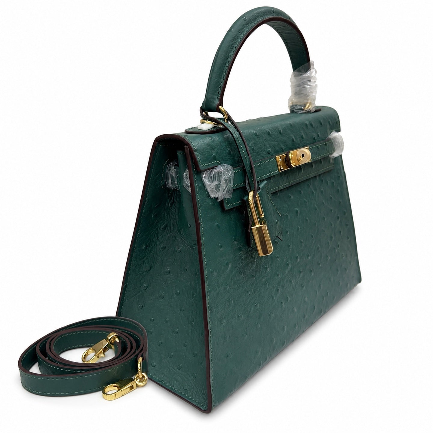 Kelly Sellier 25cm Vert Cypress Ostrich Gold Hardware Vintage Women Handbag