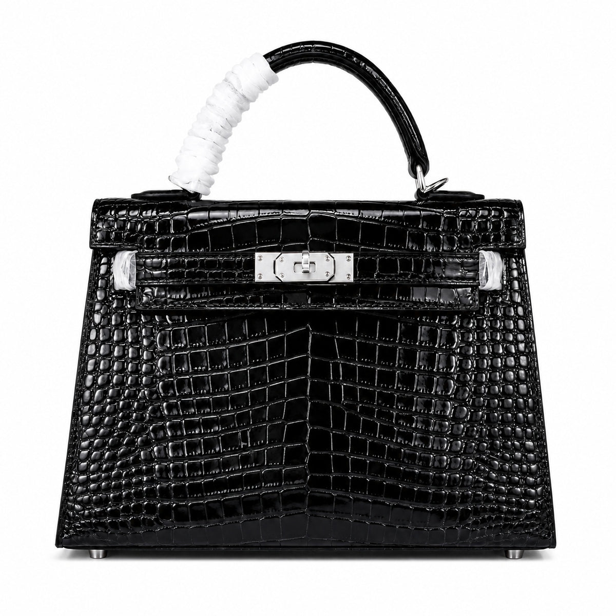 Kelly Sellier 22cm Noir Shiny Crocodile Leather Gold Hardware & Palladium Hardware Women Handbag