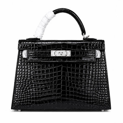 Kelly Sellier 22cm Noir Shiny Crocodile Leather Gold Hardware & Palladium Hardware Women Handbag