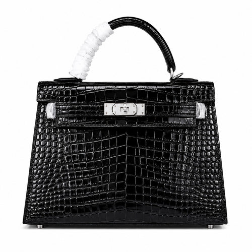 Kelly Sellier 22cm Noir Shiny Crocodile Leather Gold Hardware & Palladium Hardware Women Handbag