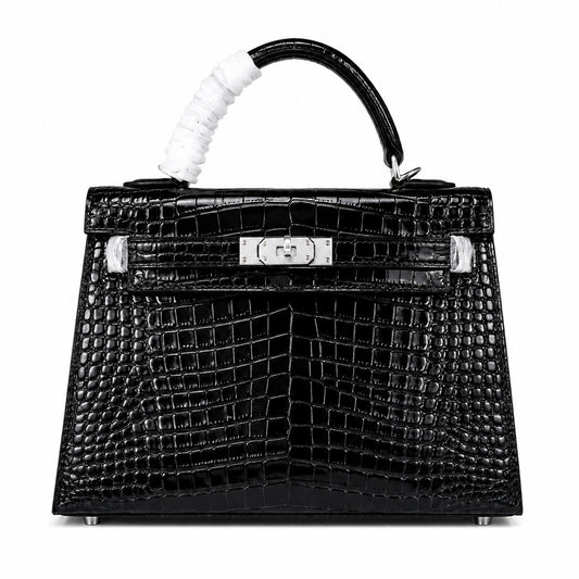 Kelly Sellier 22cm Noir Shiny Crocodile Leather Gold Hardware & Palladium Hardware Women Handbag