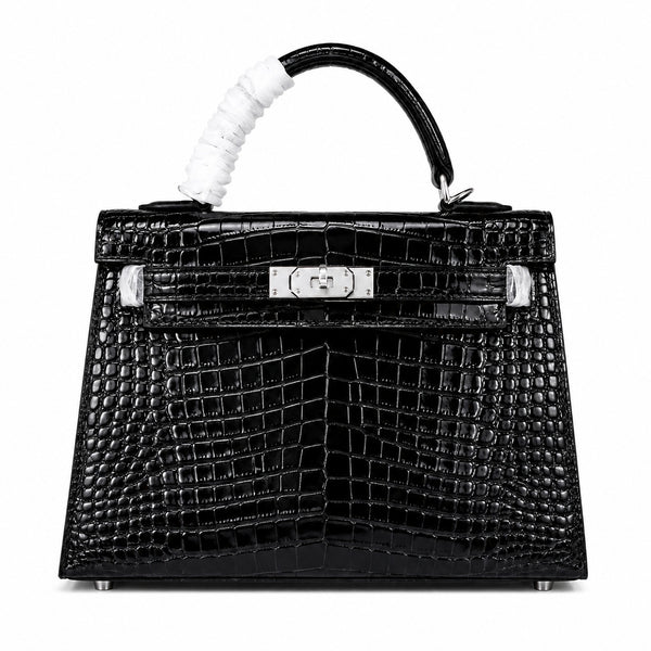 Kelly Sellier 22cm Noir Shiny Crocodile Leather Gold Hardware & Palladium Hardware Women Handbag
