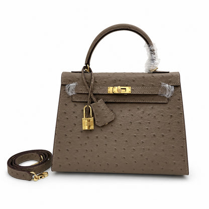 Hermès Kelly Sellier 25 Ostrich Etoupe Gold Hardware