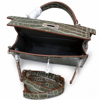 Kelly Sellier 19cm Gris Elephant Shiny Crocodile Leather Gold Hardware & Palladium Hardware Women Handbag