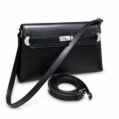 Kelly Elan 25 Underarm Baguette Bag, Genuine Top Layer Cowhide Goat Grain Leather, Silver Hardware Black Unisex Shoulder Purse, Multiway Crossbody Handheld Daily Bag, High Practical Daily Bag Size 25×6.5×15cm