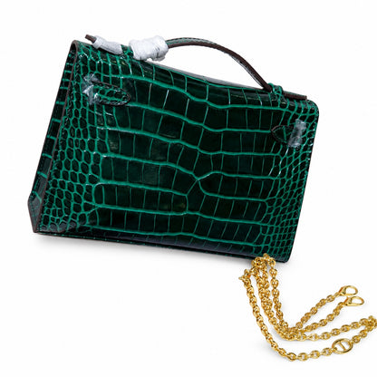 Kelly Pochette Vert Emeraude Shiny Niloticus Crocodile Leather Gold Hardware Women Clutch Bag