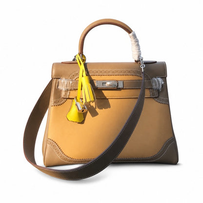 Kelly Sellier Ghillies 28cm Beige Poussière & Marron Foncé Barenia Leather Palladium Hardware Women Handbag