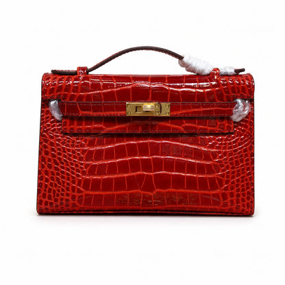 Kelly Pochette Rouge Casa Shiny Niloticus Crocodile Leather Gold Hardware Women Clutch Bag