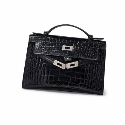 Kelly Pochette Noir Shiny Niloticus Crocodile Leather Palladium Hardware & Palladium Hardware Women Clutch Bag