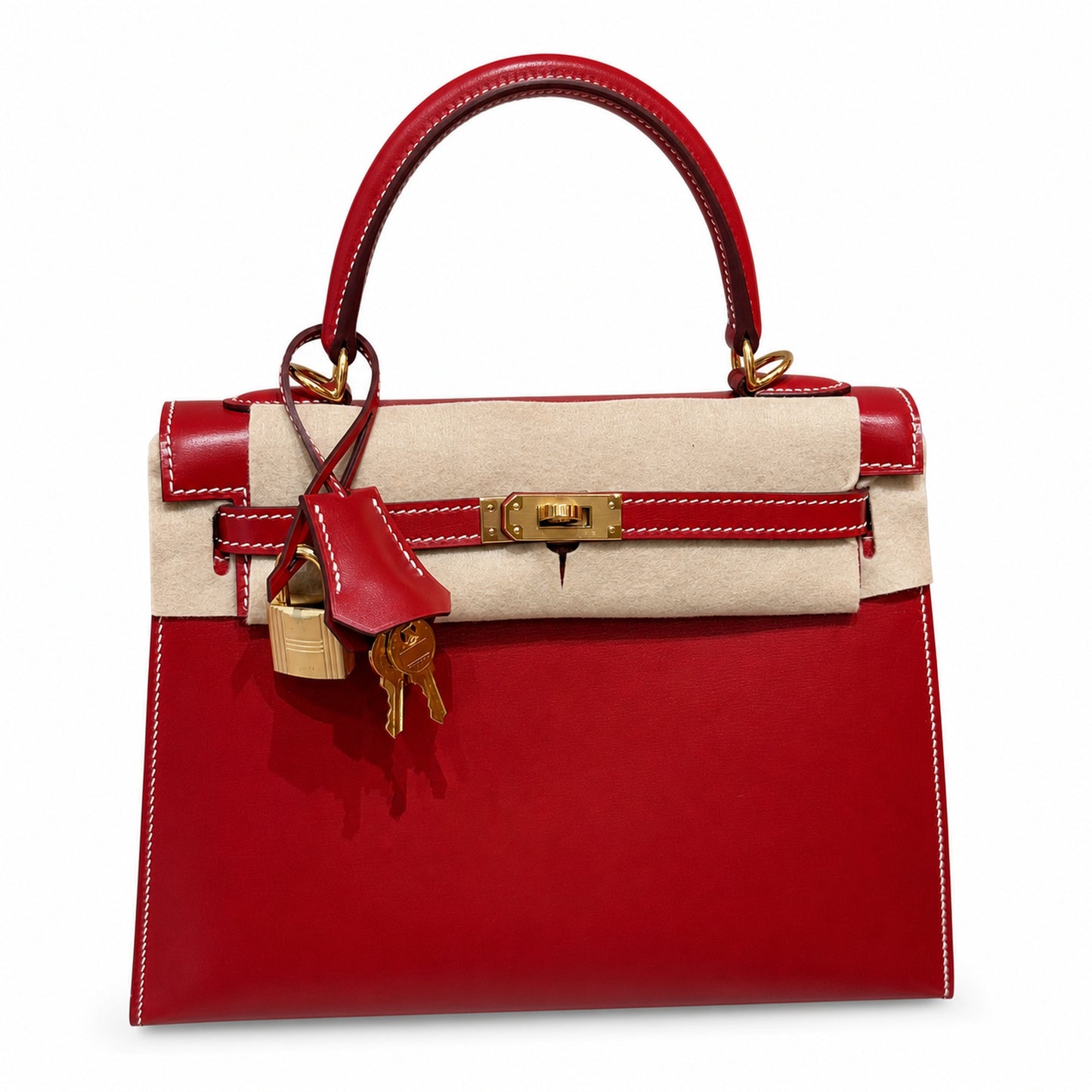 Style: Kelly Color: 5x/Rouge piment Size: 25*17*7cm Leather: Box From France Hardware: gold Kelly 25, chili red-white thread, bright cowhide imported from France, gold buckle, high-end handmade exclus