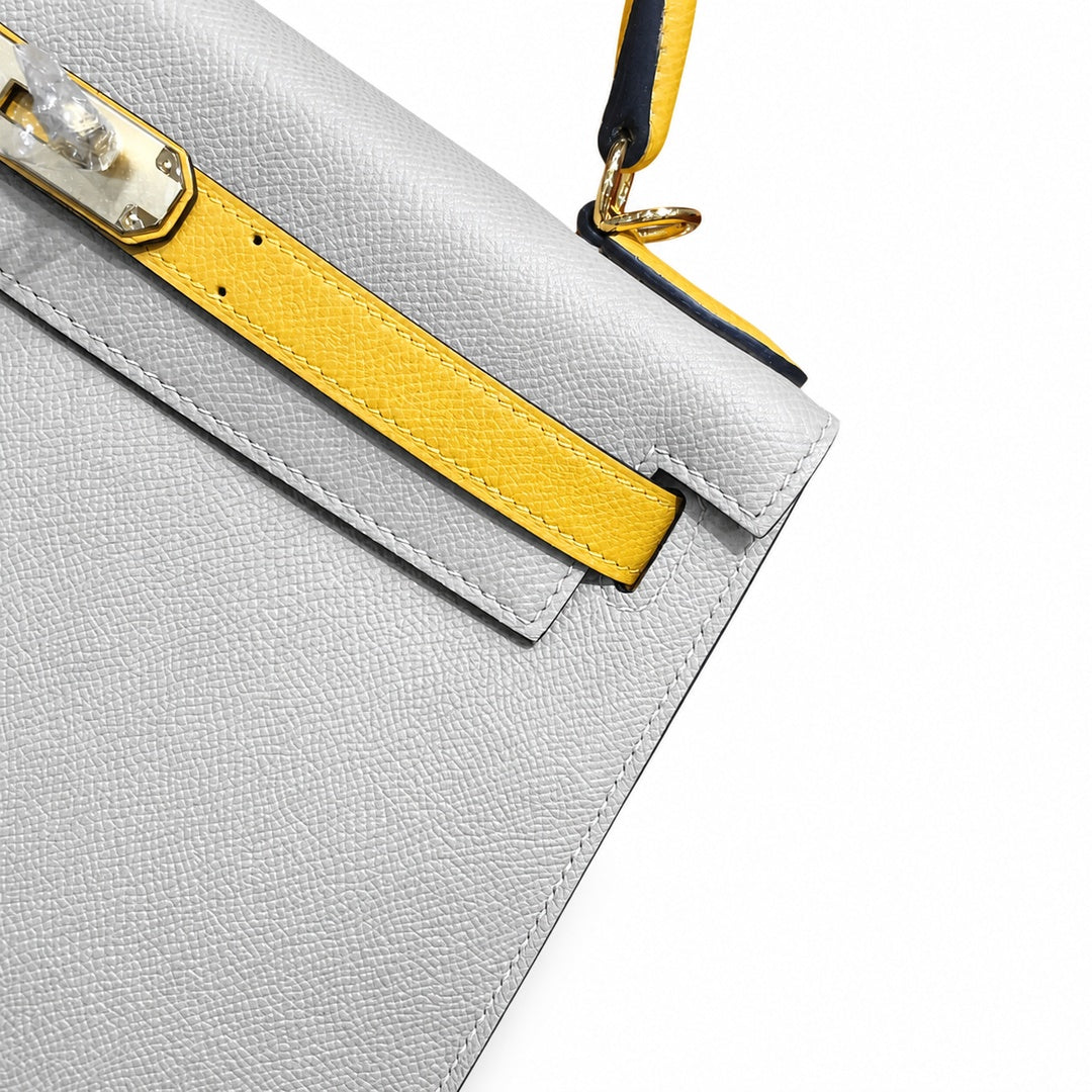 Kelly 28cm Epsom Leather S2 Trench Windbreaker Gray and 9D Jaune Amber Top Handmade! Counter quality!