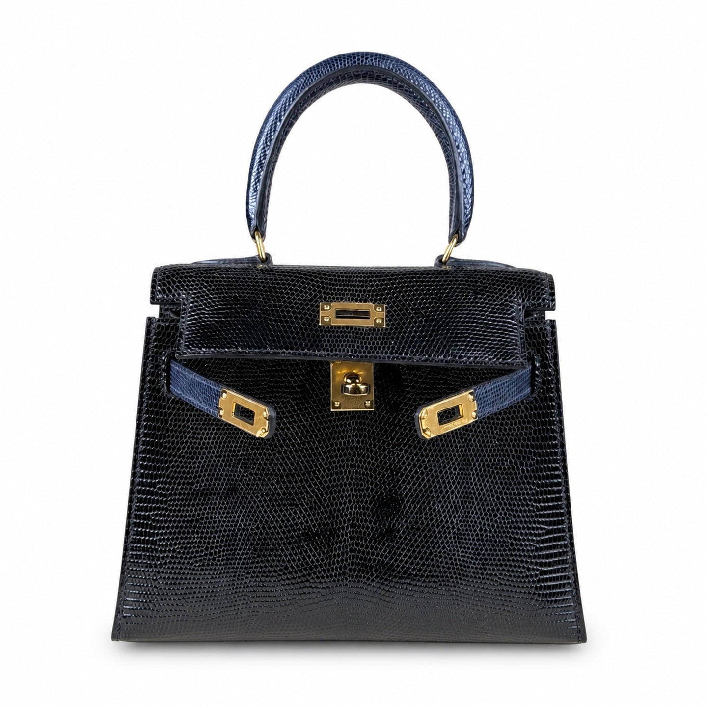 Kelly big ears, black with sapphire blue, original lizard leather, 20cm, completely handmade inside and outside, original hardware, shoulder strap❤️