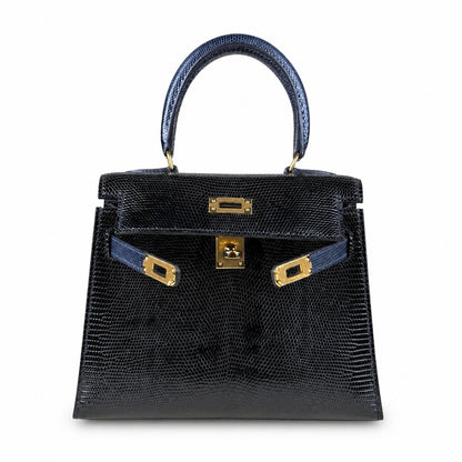 Kelly big ears, black with sapphire blue, original lizard leather, 20cm, completely handmade inside and outside, original hardware, shoulder strap❤️
