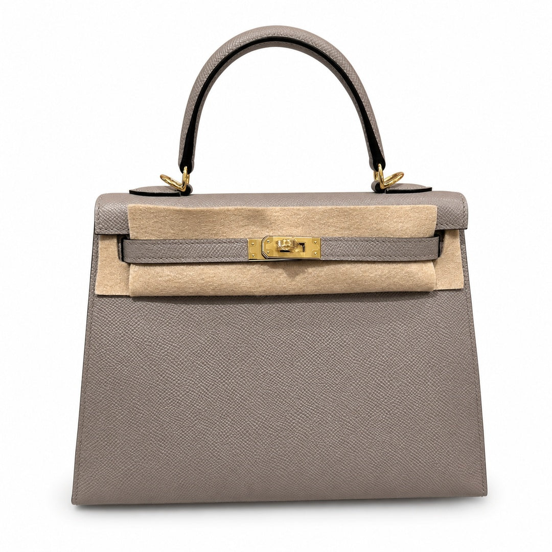 kelly25cm, M8/Gris Asphalte, Epsom, gold, all handmade‼ ️Kelly 25cm, asphalt gray, palm print, gold buckle, high-end handmade exclusive customization‼ ️Purely hand-made nails, hand-engraved hardware,