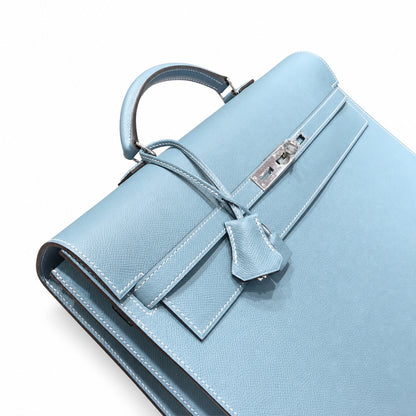 Kelly briefcase 38cm Epsom leather 75 Bleu Jean denim blue top handcraft! Counter quality!