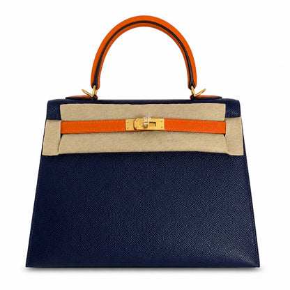 Custom order💕kelly25 sapphire blue with classic orange epsom frosted gold buckle handmade