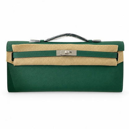 Kelly cut 31 clutch epsom malachite green silver buckle in stock