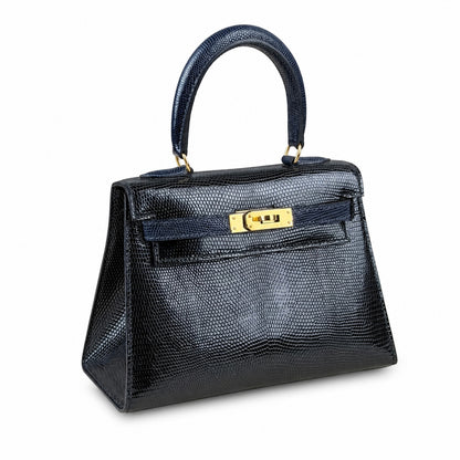 Kelly big ears, black with sapphire blue, original lizard leather, 20cm, completely handmade inside and outside, original hardware, shoulder strap❤️