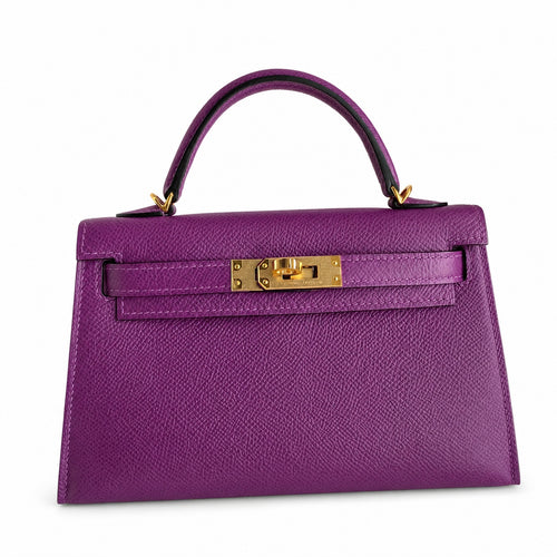 Fully hand-sewn👉Second generation Mini Kelly 19cm imported Epsom leather sea anemone purple gold buckle