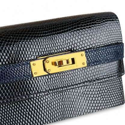 Kelly big ears, black with sapphire blue, original lizard leather, 20cm, completely handmade inside and outside, original hardware, shoulder strap❤️