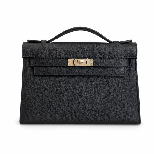 First generation handbag evening bag Kelly 22cm Epsom leather black silver buckle wax thread