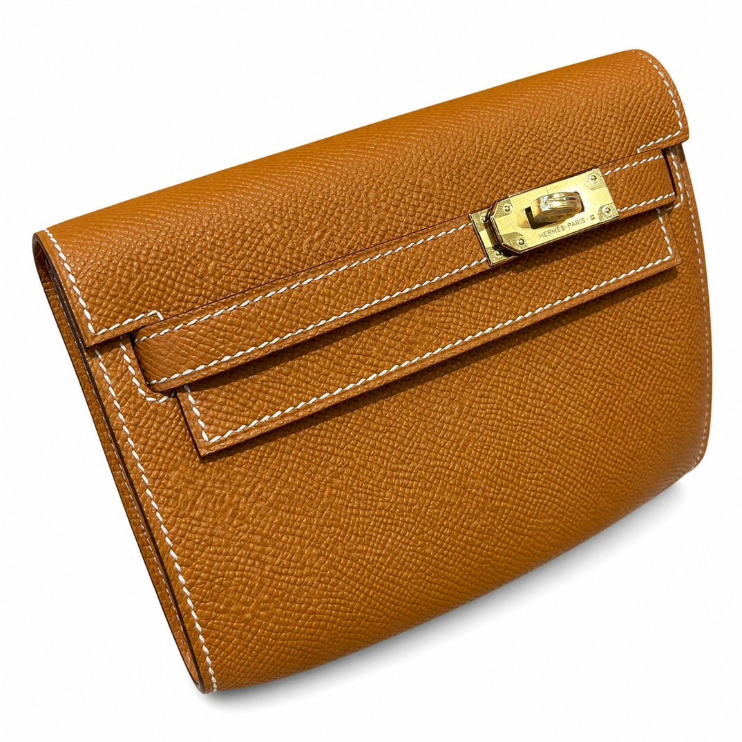 Style: Kelly to go Color: ck37/gold Size: 19*11.5*1.5cm Leather: epsom From France Hardware: gold Kelly crossbody bag, golden brown, cowhide, gold buckle, high-end handmade exclusive customization‼ ️P