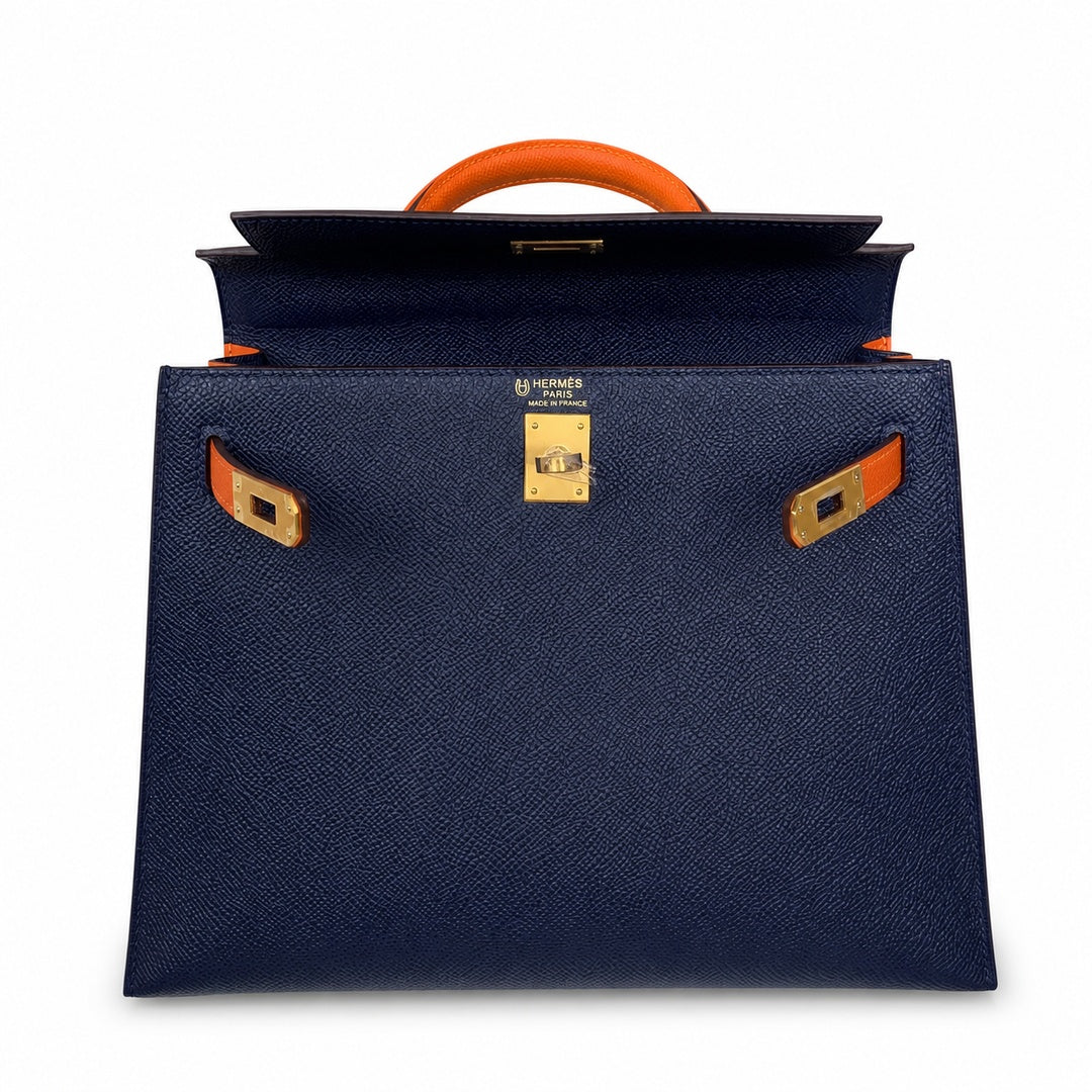 Custom order💕kelly25 sapphire blue with classic orange epsom frosted gold buckle handmade